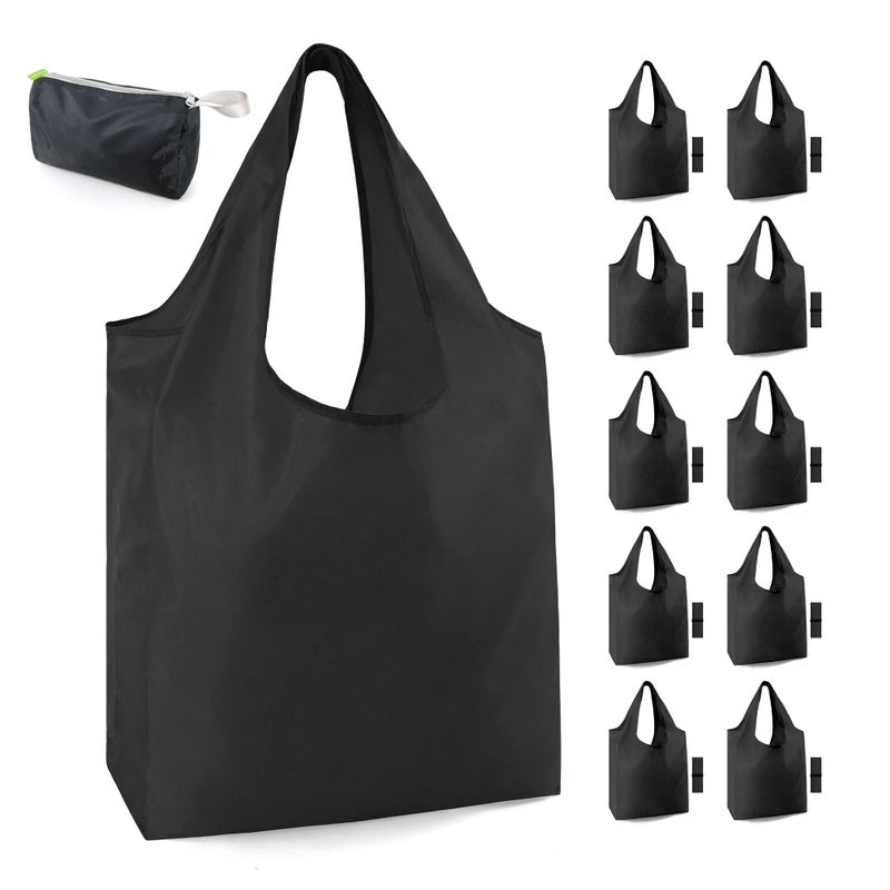 BeeGreen 10 Pack Black Reusable Grocery Bags with Storage Pouch Reusable Shopping Bags Bulk with Elastic Band 50LBS X-Large-Foldable-Washable-Heavy Duty-Waterproof Grocery Tote Bags - Image 1